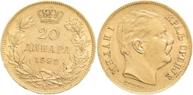SERBIA 20 Dinar 1882 V MILAN I. Vienna KM#17 Au.900 6,43g 21mm mint Vienna