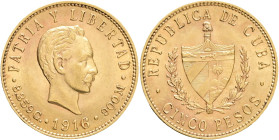 Cuba republic 5 Peso 1916 José Martí KM#19 Au.900 8,35g  21mm, mint USA Philadelphia