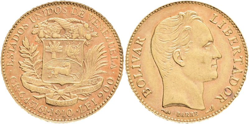 Venezuela rep. 20 Bolivares 1910 Y#32, Au.900, 6,45g 21mm mint Paris

XF
