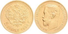 Russia 5 Roubles 1898 AG Nikolai II. Petersburg Y#62 Au. 900 4,3g 18,5mm mint Petersburg, mintmaster Apollon Grasgof