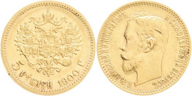 Russia 5 Roubles 1900 FZ Nikolai II. Petersburg Y#62 Au. 900 4,3g 18,5mm mint Petersburg, mintmaster Felix Zelman, small edge, hair lines