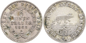 Anhalt-Berbung ALEXANDER KARL  1/6 Vereinsthaler 1862 A, KM#87 Ag.520 5,28g 23/2mm, Berlin