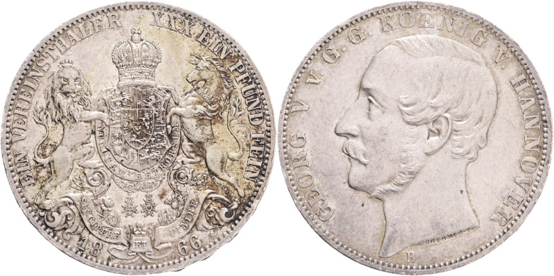 Hannover GEORG V. 1 Vereinsthaler 1866 B, Thun#174 Ag.900 18,54g 33mm, Hannover,...