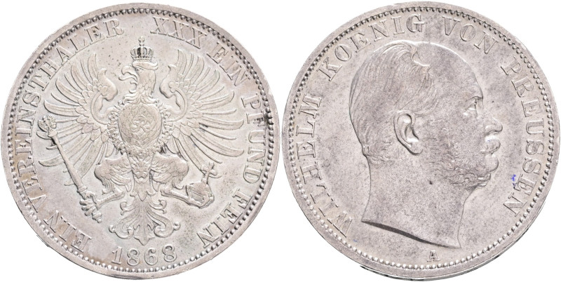 PRUSSIA WILHELM I. 1 Vereinsthaler 1868 A, KM#494, Thun#270, Ag. 900 18,52g, 33 ...