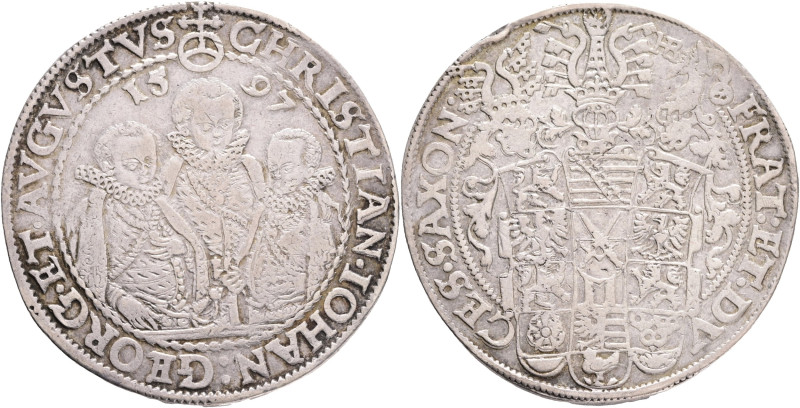 SAXONY Electors CHRISTIAN II., JOHANN GEORG, AUGUST 1 Thaler 1597 Dav#9820 Ag. 2...