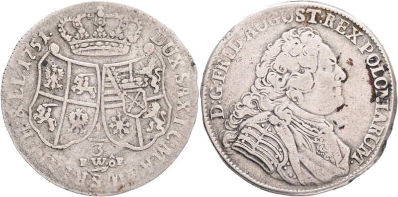 SAXONY FRIEDRICH AUGUST III. 1/3 Thaler 1751, FwoF, KM#A878, C#28 Ag. 7,58g, 30/...