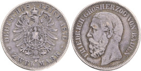 BADEN FRIEDRICH I. 2 Mark 1876 G,  J#26,  Ag.900 11,11g , 28/2,1mm, black patina, Karlsruhe