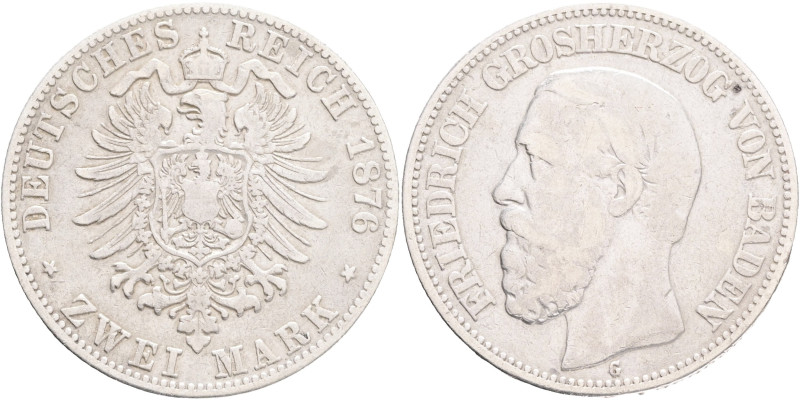 BADEN FRIEDRICH I. 2 Mark 1876 G, J#26, Ag.900 11,11g , 28/2,1mm, Karlsruhe 

...