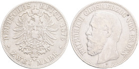 BADEN FRIEDRICH I. 2 Mark 1876 G,  J#26,  Ag.900 11,11g , 28/2,1mm, Karlsruhe