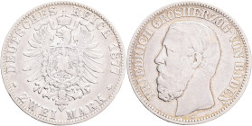 BADEN FRIEDRICH I. 2 Mark 1877 G,  cleaned, J#26,  Ag.900 11,11g , 28/2,1mm, Karlsruhe