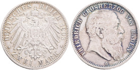 BADEN FRIEDRICH I. 2 Mark 1903 G,  J#32,  Ag.900 11,11g , 28/2,1mm, Karlsruhe