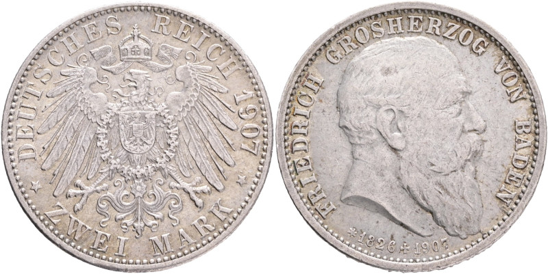 BADEN FRIEDRICH I. 2 Mark 1907 G, the death of Fridrich I., J#36, Ag.900 11,11g ...