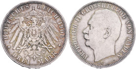 BADEN FRIEDRICH II. 3 Mark 1908 G , KM#280 J#39, Ag.900 16,67g 33mm Karlsruhe patina