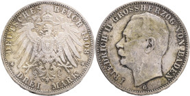 BADEN FRIEDRICH II. 3 Mark 1908 G, J#39, Ag.900 16,73g, 33/2,3mm, Karlsruhe, patina
