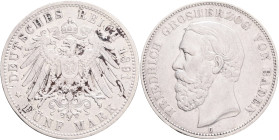 BADEN FRIEDRICH I. 5  Mark 1891 G,  J#29,  Ag.900 27,77g , 38/3,1mm, Karlsruhe