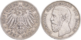 BADEN FRIEDRICH I. 5  Mark 1895 G,  J#29,  Ag.900 27,77g , 38/3,1mm, patina, Karlsruhe