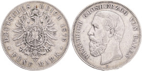 BADEN FRIEDRICH I. 5 Mark 1876 G,  J#27, Ag. 900 27,67g, 38/3mm, Karlsruhe