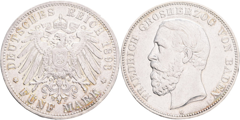 BADEN FRIEDRICH I. 5 Mark 1893 G, J#29, Ag. 900 27,77g, 38 mm, Karlsruhe 

XF