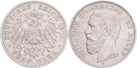 BADEN FRIEDRICH I. 5 Mark 1900 G , KM#268 J#29, Ag.900 27,77g 38mm Karlsruhe