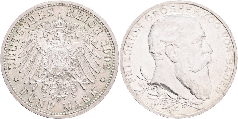 BADEN FRIEDRICH I. 5 Marka 1902 50. výročí vlády, J#31, Ag.900 27,77g , 38/3,1mm...