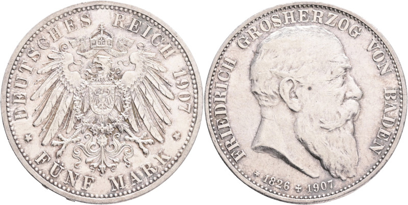 BADEN FRIEDRICH I. 5 Mark 1907 G, death of Fridrich I., J#37, Ag.900 27,777g , 3...