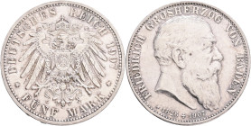 BADEN FRIEDRICH I. 5 Mark 1907 G, death of Fridrich I., J#37,  Ag.900 27,777g , 38 mm, Karlsruhe