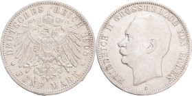 BADEN FRIEDRICH II. 5 Mark 1908 G, J#40,  Ag.900 27,77g , 38/3,1mm, Karlsruhe
