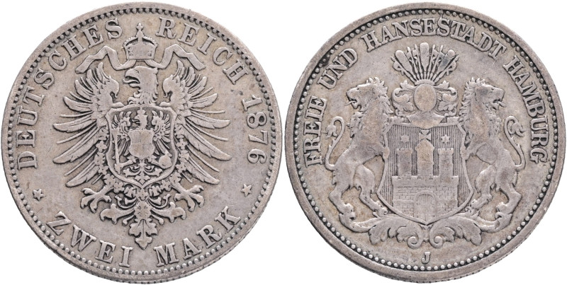 HAMBURG 2 Mark 1876 J, J#61 Ag.900 11,11g 28mm mint Hamburg 

VF/VF-