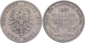 HAMBURG 2 Mark 1876 J, J#61 Ag.900 11,11g 28mm mint Hamburg
