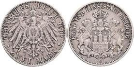 HAMBURG 2 Mark 1902 J, patina, J#63, Ag. 900 11,11g,  28mm, Hamburg