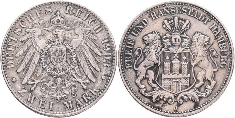HAMBURG 2 Mark 1903 J, J#63 Ag.900 11,11g 28mm mint Hamburg patina 

XF+