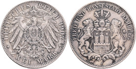 HAMBURG 2 Mark 1903 J, J#63 Ag.900 11,11g 28mm mint Hamburg patina
