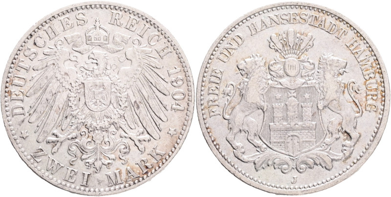 HAMBURG 2 Mark 1904 J, J#63 Ag.900 11,11g 28mm mint Hamburg 

XF-