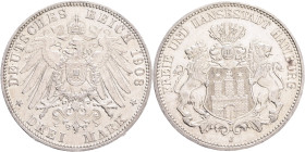 HAMBURG 3 Mark 1908 J, J#64, Ag.900 16,67g , 33mm, Hamburg , place with lustr mint