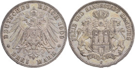 HAMBURG 3 Mark 1909 J , KM#620 J#64, Ag.900 16,67g 33mm Hamburg