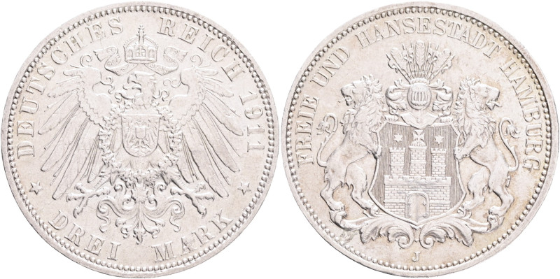 HAMBURG 3 Marka 1911 J, J#65, Ag. 900 16,67g, 33 mm, Hamburg 

UNC