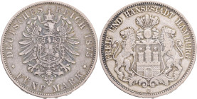 HAMBURG 5 Mark 1875 J, J#62, Ag.900 27,77g , 38mm, Hamburg