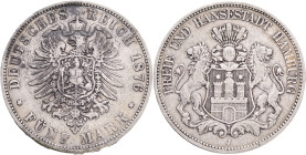 HAMBURG 5 Mark 1876 J, J#62, Ag.900 27,77g 38mm, Hamburg