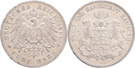 HAMBURG 5 Mark 1891 J, J#65, Ag.900 27,77g , 38mm, Hamburg