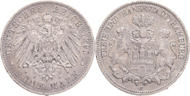 HAMBURG 5 Mark 1893 J, J#65, Ag.900 27,77g , 38mm, Hamburg