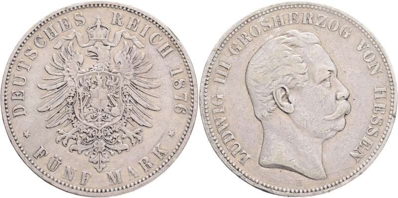 HESSEN 5 Mark 1876 H Grosherzog LUDWIG III. Patina edge J#67 Silver Ag.900 27,77...