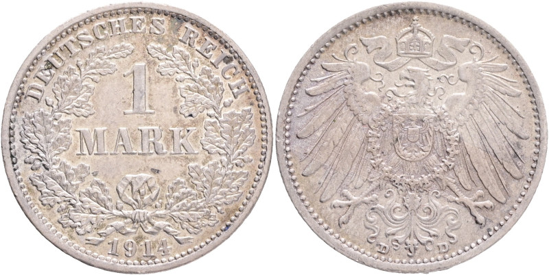 PRUSSIA WILHELM II. 1 Mark 1914 D, Munchen, J#17 Ag.900 5,556g, 24/1,4mm 

UNC