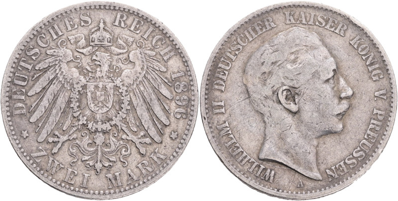 PRUSSIA WILHELM II. 2 Mark 1896 A, J#102, Ag.900 11,05g, 28/2 mm, Berlin 

XF-