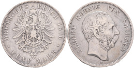 SAXONY ALBERT  5 Mark 1876 E, J#122, Ag.900 27,78g, 38mm, Muldenhütten