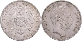 SAXONY ALBERT  5 Mark 1895 E,  J#125, Ag.900 27,77g 38/3,1mm, Muldehütten