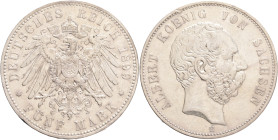 SAXONY ALBERT  5 Mark 1899 E,  J#125 , Ag.900 27,77g 38/3,1mm, Muldehütten, hair lines