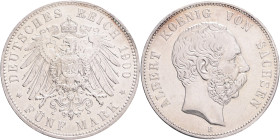 SAXONY ALBERT  5 Mark 1900 E,  J#125 , Ag.900 27,77g 38/3,1mm, Muldehütten, hair lines