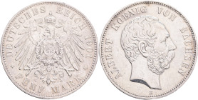 SAXONY ALBERT  5 Mark 1901 E,  J#125 , Ag.900 27,77g 38/3,1mm, Muldehütten, hair lines