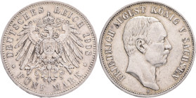 SAXONY FRIEDRICH AUGUST V. 5 Mark 1908 E, J#136, Ag.900 27,77g 38/3,1mm,  Muldehütten