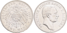 SAXONY FRIEDRICH AUGUST V. 5 Mark 1907 E, J#136, Ag.900 27,77g 38/3,1mm,  Muldehütten, hair lines